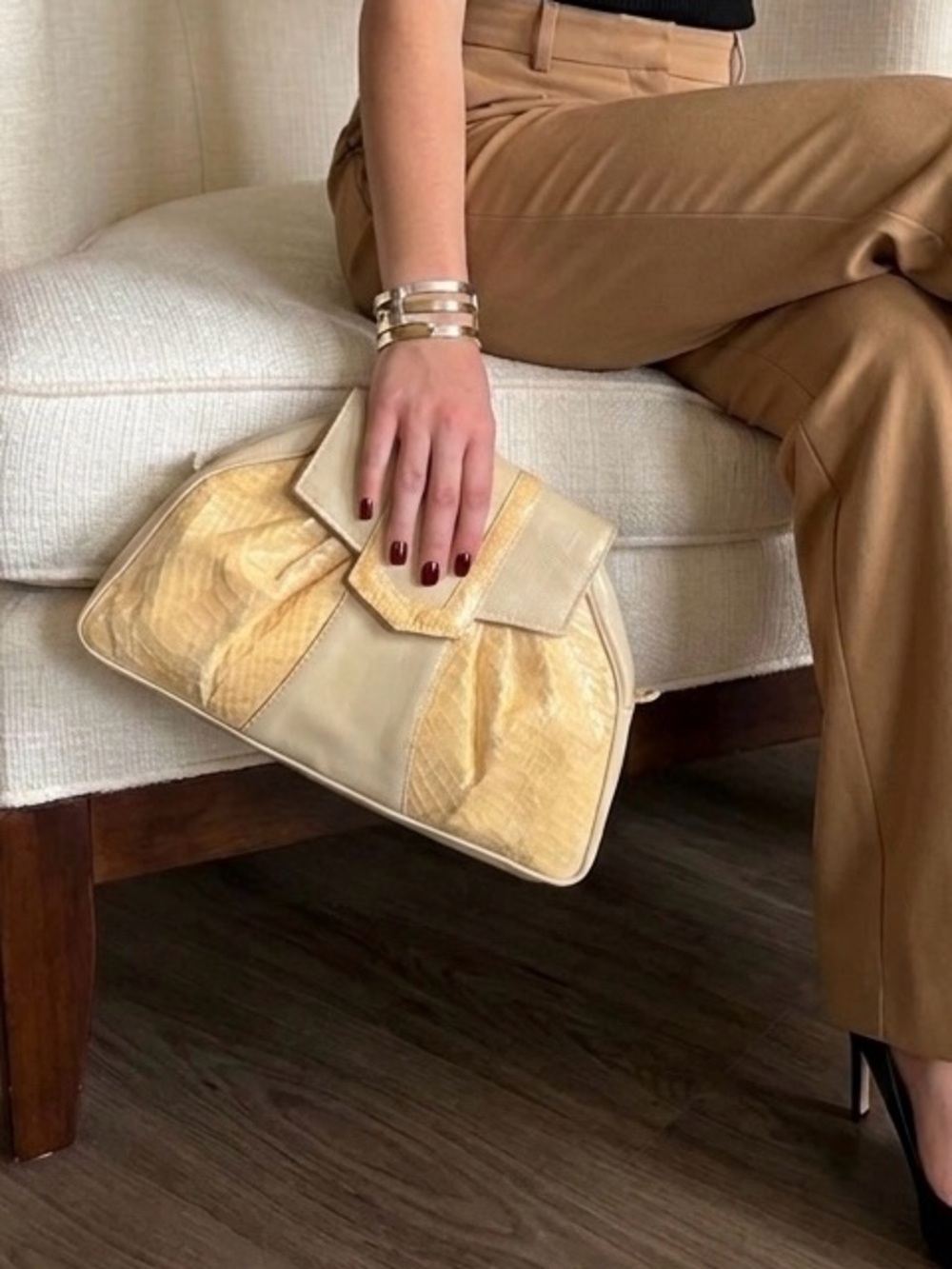 Vintage 80s Pantera Cream Leather Snakeskin Clutch Bag Python Envelope Handbag